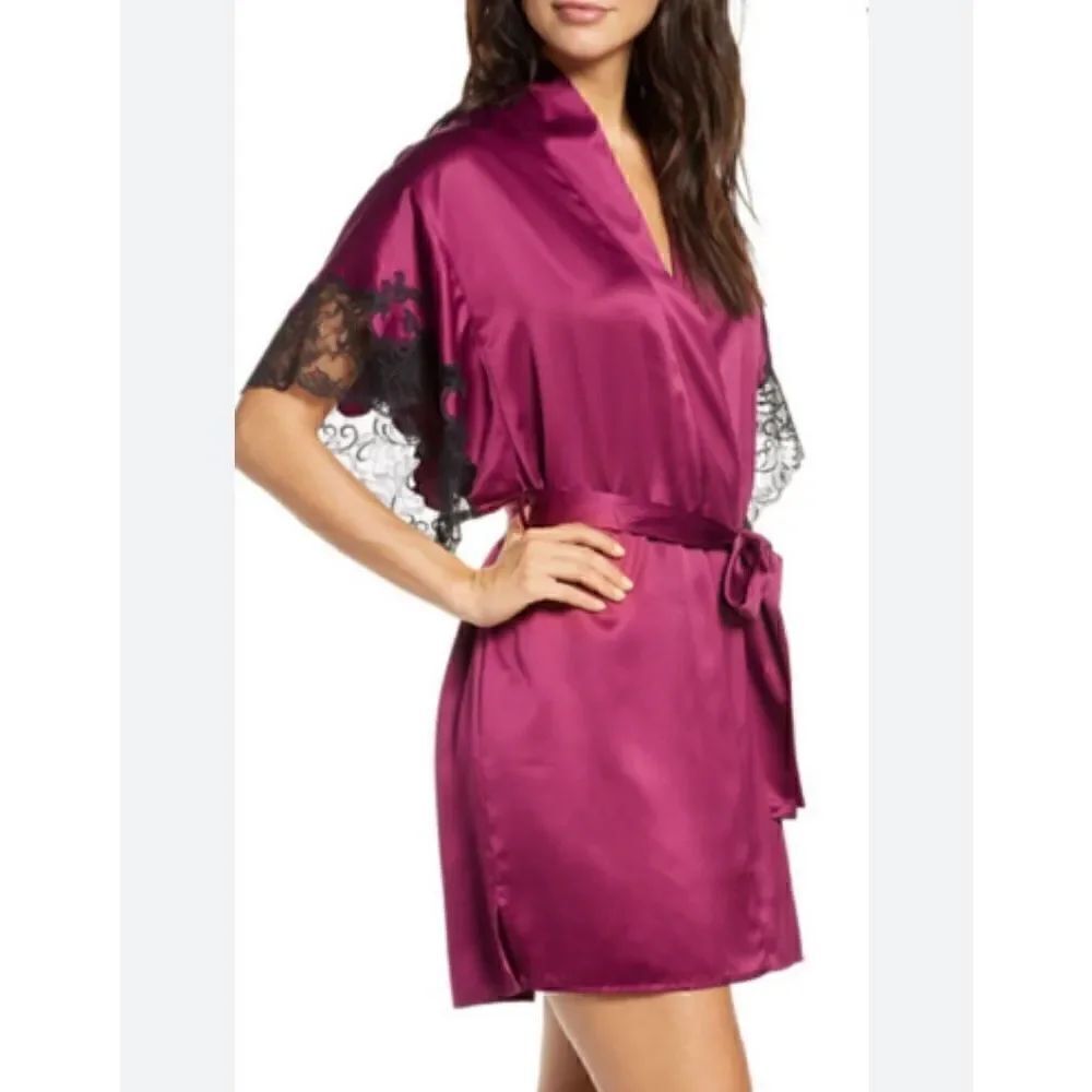 Natori Women's Red & Black Lace Open-Front Short-Sleeve Robe Size XS